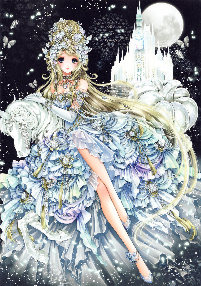absurdres bangs blonde_hair blue_dress blue_eyes blush bug butterfly castle choker cinderella cinderella_(grimm) closed_mouth dress elbow_gloves flower full_body full_moon gem glass_slipper gloves glowing hair_flower hair_ornament hair_up highres horse huge_filesize insect light_particles light_smile long_hair moon petals scan shiitake_(gensoudou) sitting solo swept_bangs very_long_hair white_gloves
