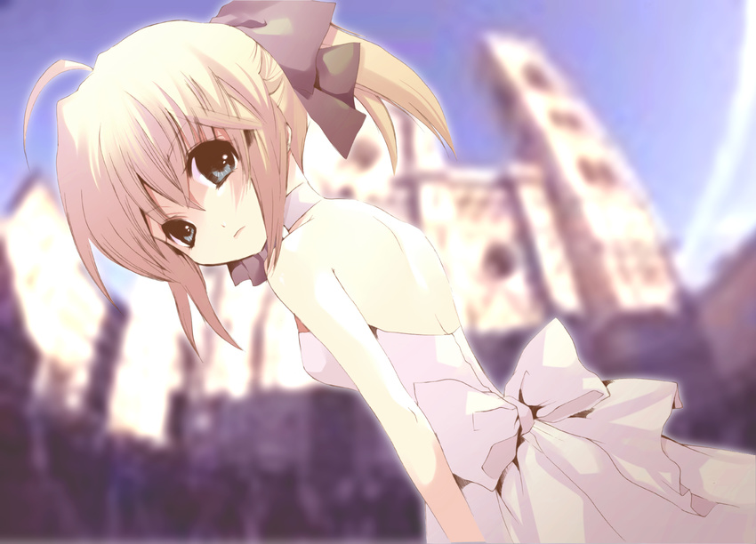 ahoge artoria_pendragon_(all) back bad_id bad_pixiv_id bare_shoulders blonde_hair blue_eyes blurry bow depth_of_field dress dutch_angle fate/stay_night fate/unlimited_codes fate_(series) green_eyes hair_bow highres pokkuri ponytail ribbon saber saber_lily solo white_dress