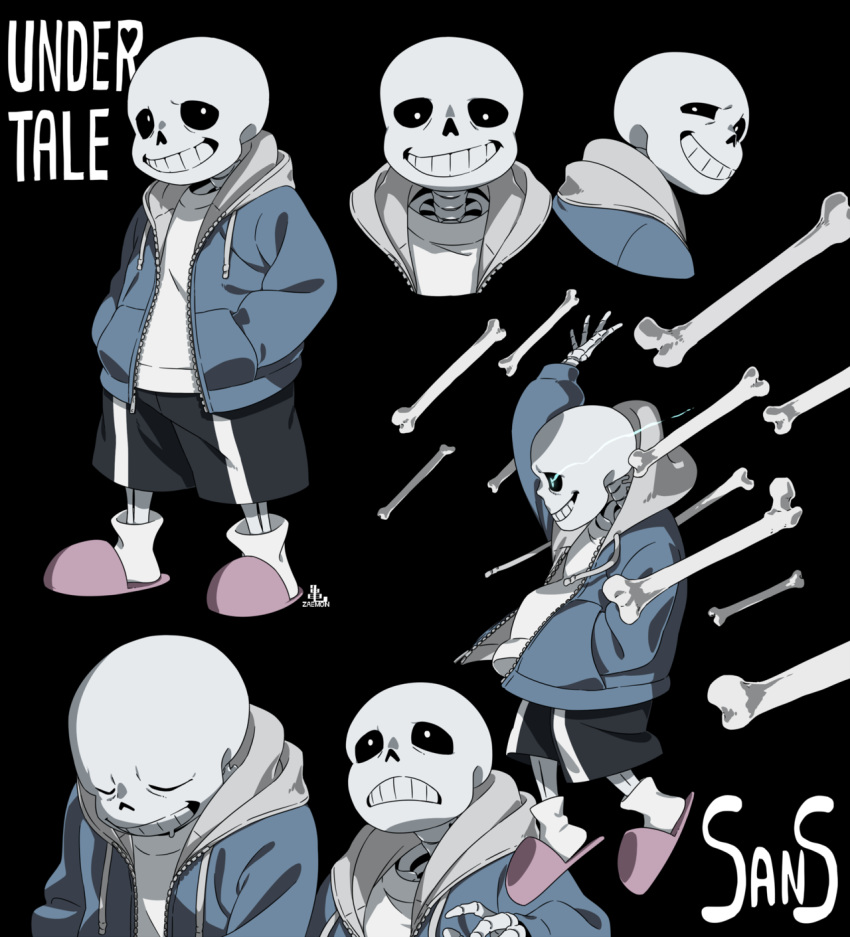 animated_skeleton black_background bone clothing english_text glowing glowing_eyes jacket sans_(undertale) simple_background skeleton sleeping slippers text undead undertale video_games zaemon