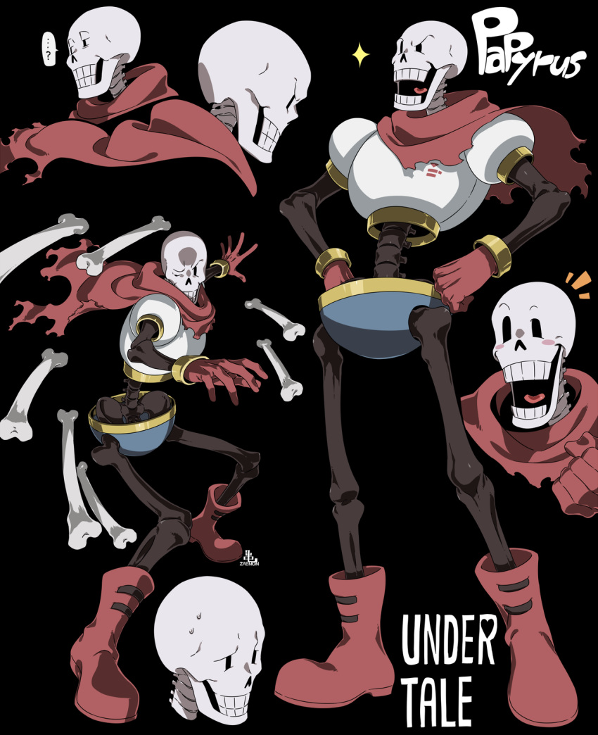 animated_skeleton armor black_background bone english_text papyrus_(undertale) scarf simple_background skeleton text undead undertale video_games zaemon