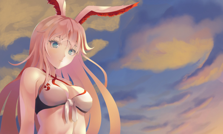 1girl 7aehyun animal_ears aqua_eyes bangs bare_shoulders bikini_top breasts bunny_ears cloud cloudy_sky criss-cross_halter front-tie_bikini front-tie_top gradient_hair halterneck highres honkai_(series) honkai_impact_3 long_hair looking_at_viewer medium_breasts multicolored_hair outdoors pink_hair sky solo upper_body white_bikini_top yae_sakura_(honkai_impact)