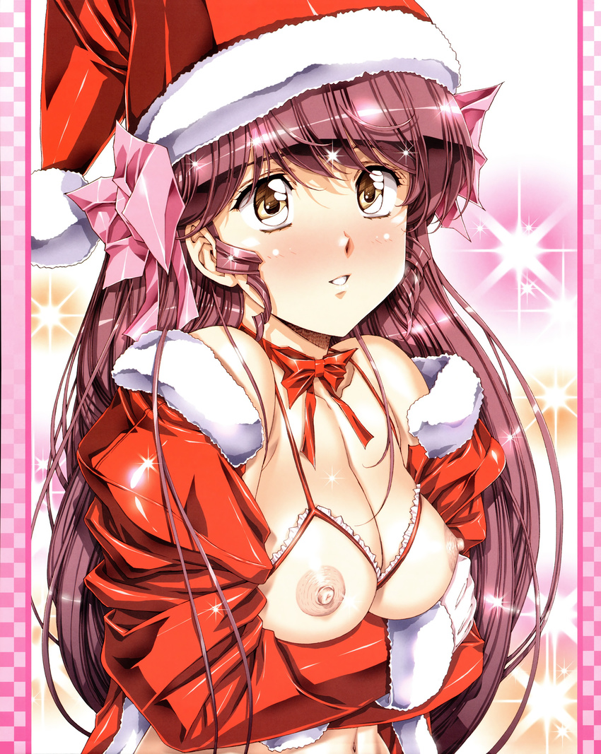 breast_hold breasts christmas comic_tenma lingerie nipples open_shirt urushihara_satoshi