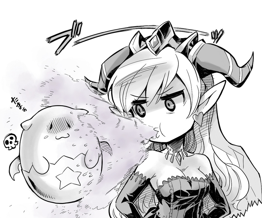 :3 bare_shoulders blush_stickers breasts cleavage demon_girl dress earrings elbow_gloves gloves greyscale hands_on_hips heart heart_earrings horns ishiyumi jewelry lilith_(p&amp;d) long_hair medium_breasts monochrome necklace pointy_ears poison puzzle_&amp;_dragons shaded_face skull spit_take spitting star tamadra wings