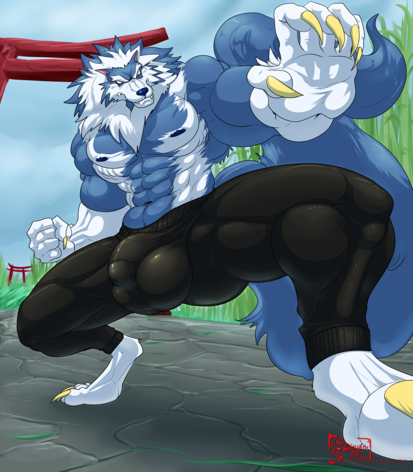 2019 4_toes 5_fingers abs anthro balls biceps big_muscles blue_fur blue_hair blue_nose blue_skin bulge canid canine canis capcom claws clothed clothing darkstalkers day digitigrade fist fur gloves_(marking) hair hungothenomster jon_talbain low-angle_view male mammal mane markings multicolored_fur multicolored_hair multicolored_skin muscular muscular_male muscular_thighs nipples pants pecs penis_outline penis_shaped_bulge pose post sharp_teeth sky smile socks_(marking) solo teeth tight_clothing toes topless two_tone_fur two_tone_hair two_tone_skin video_games were werecanid werecanine werewolf white_fur white_hair white_skin wolf yellow_eyes