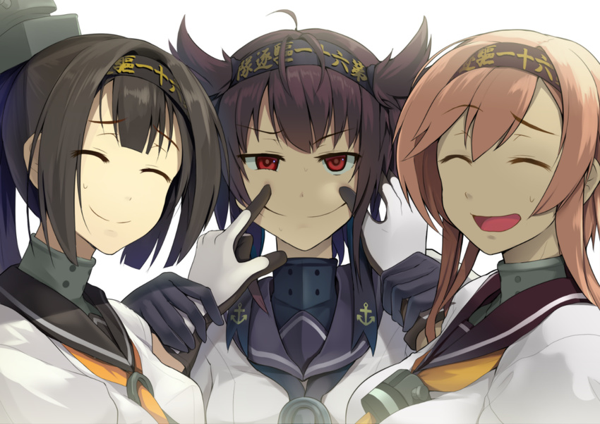 ahoge akizuki_(kantai_collection) anchor_symbol black_gloves black_hair blush bodysuit breasts closed_eyes clothes_writing fingersmile forced_smile girl_sandwich gloves hachimaki hair_ornament hairband half-closed_eyes hatsuzuki_(kantai_collection) headband headgear hinami_(hinatamizu) kantai_collection light_brown_hair long_hair looking_at_viewer md5_mismatch medium_breasts multiple_girls neckerchief open_mouth ponytail red_eyes sandwiched school_uniform serafuku short_hair smile teruzuki_(kantai_collection) white_gloves