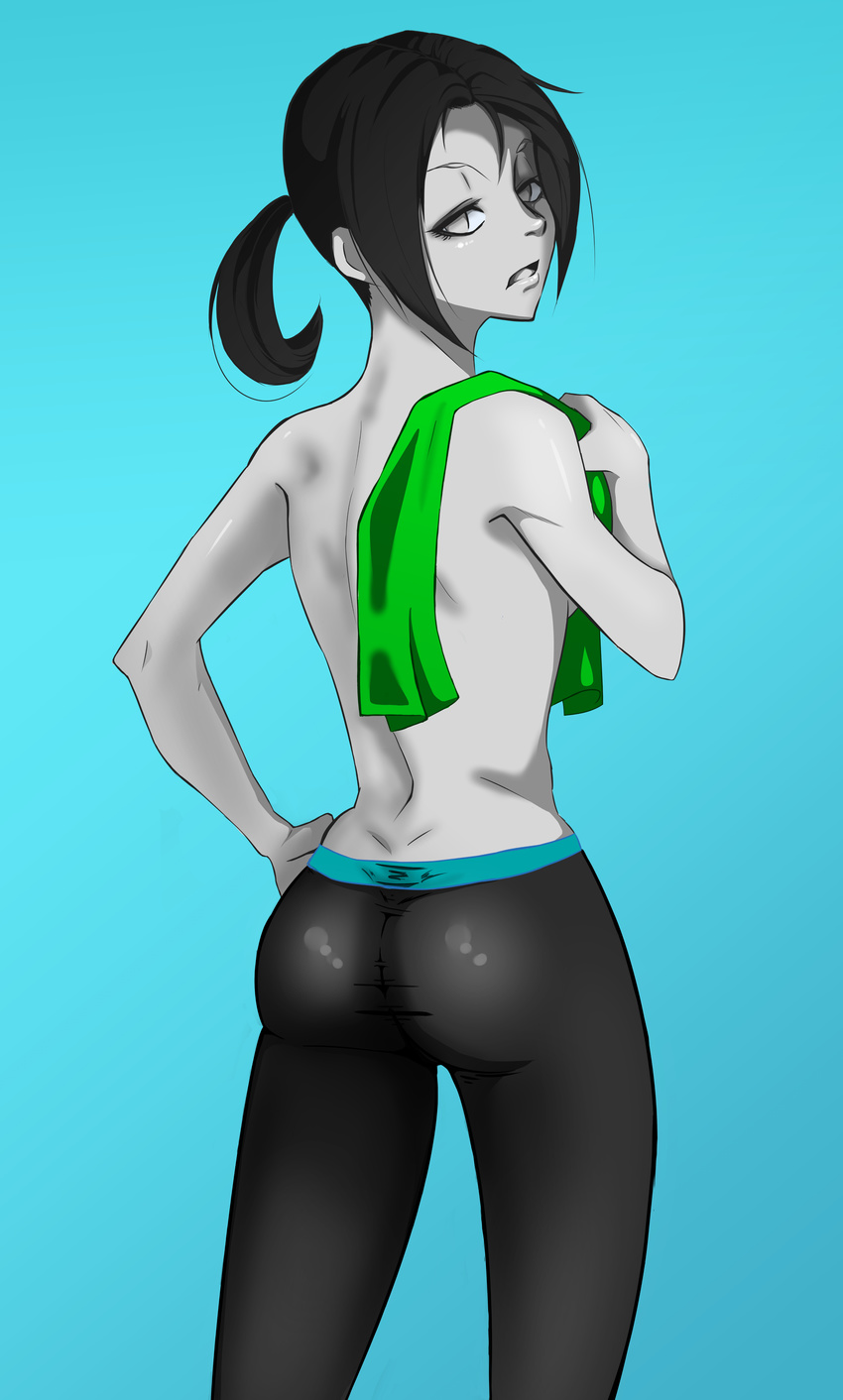 1girl ass black_hair grey_skin lesseinsanimer looking_at_viewer looking_back open_mouth super_smash_bros super_smash_bros. wii_fit wii_fit_trainer