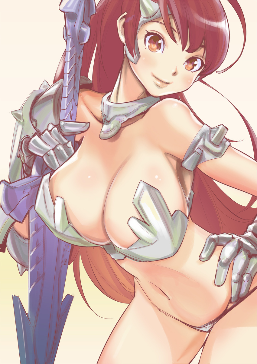 absurdres armor armpits bare_shoulders bikini_armor breasts brown_eyes dytm gauntlets hand_on_hip headgear highres large_breasts light_smile lips long_hair looking_at_viewer midriff original red_hair revealing_clothes single_spaulder solo sword weapon