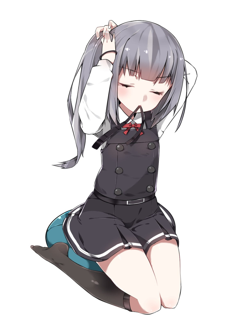 adjusting_hair bad_id bad_twitter_id blouse closed_eyes comb dress grey_hair highres inactive_account kantai_collection kasumi_(kantai_collection) long_hair mitsudoue mouth_hold neckerchief no_shoes pinafore_dress remodel_(kantai_collection) ribbon school_uniform side_ponytail silver_hair simple_background sitting solo tying_hair wariza white_background