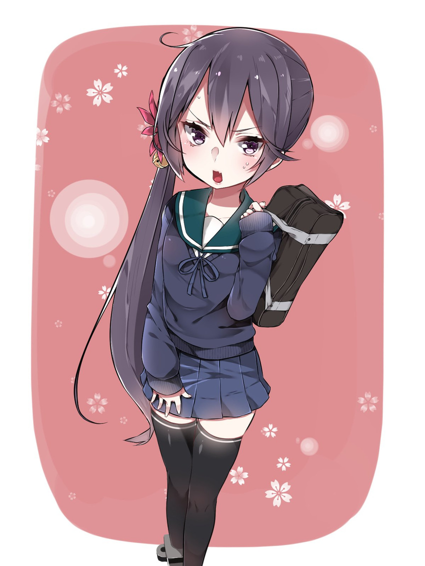 akebono_(kantai_collection) bad_id bad_twitter_id bag bell black_legwear blush commentary_request fang flower hair_bell hair_flower hair_ornament highres inactive_account jingle_bell jpeg_artifacts kantai_collection long_hair long_sleeves looking_at_viewer mitsudoue open_mouth pleated_skirt purple_eyes purple_hair school_uniform serafuku side_ponytail skirt skirt_tug solo standing sweatdrop sweater thighhighs very_long_hair zettai_ryouiki