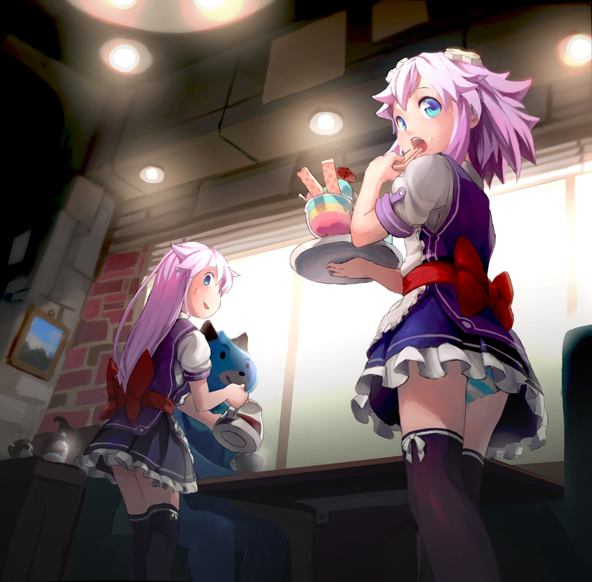 alternate_costume apron bangs black_legwear bow ceiling ceiling_light cocktail_umbrella cup dessert dogoo dress eating food frilled_apron frilled_dress frills from_below hair_ornament highres holding holding_tray ice_cream indoors long_hair looking_at_another looking_at_viewer looking_back multiple_girls nepgear neptune_(choujigen_game_neptune) neptune_(series) panties parfait parted_lips picture_(object) picture_frame pouring purple_dress purple_eyes purple_hair restaurant sash segamark shirt short_dress short_hair short_sleeves sleeveless sleeveless_dress smile striped striped_panties sundae sweatdrop table teacup teapot thighhighs tray underwear uniform wafer white_shirt window