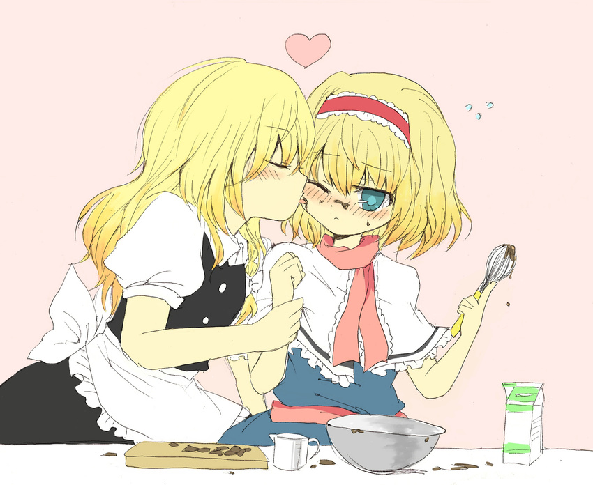 alice_margatroid bad_id bad_pixiv_id blonde_hair blue_eyes chocolate chocolate_making cooking hairband heart highres kirisame_marisa kiss licking long_hair messy multiple_girls pman short_hair touhou yuri