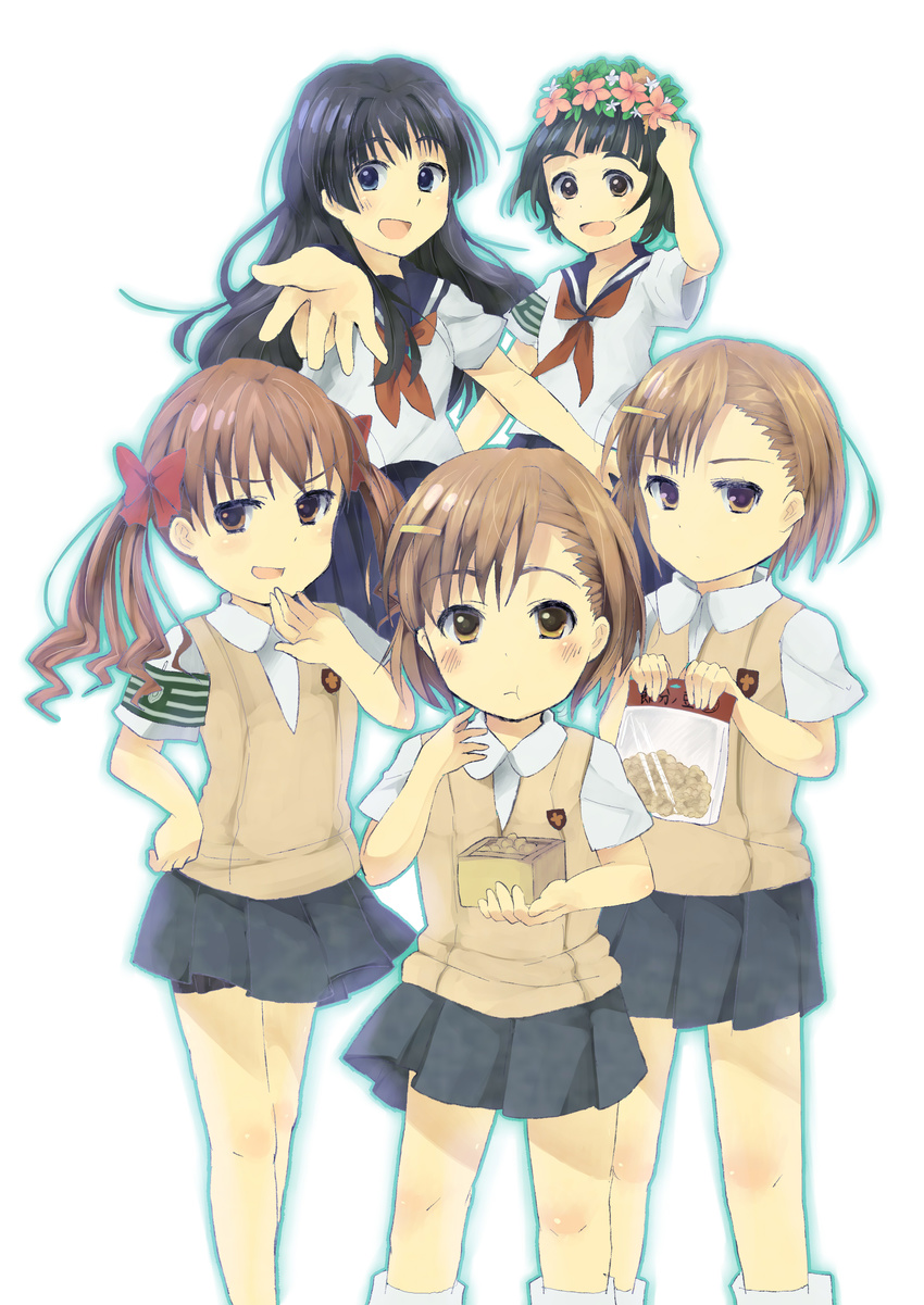 absurdres bad_id bad_pixiv_id beans black_hair brown_eyes brown_hair gum_(vivid_garden) highres long_hair misaka_imouto misaka_mikoto multiple_girls sakugawa_school_uniform saten_ruiko school_uniform serafuku shirai_kuroko short_hair skirt sweater_vest to_aru_kagaku_no_railgun to_aru_majutsu_no_index twintails uiharu_kazari