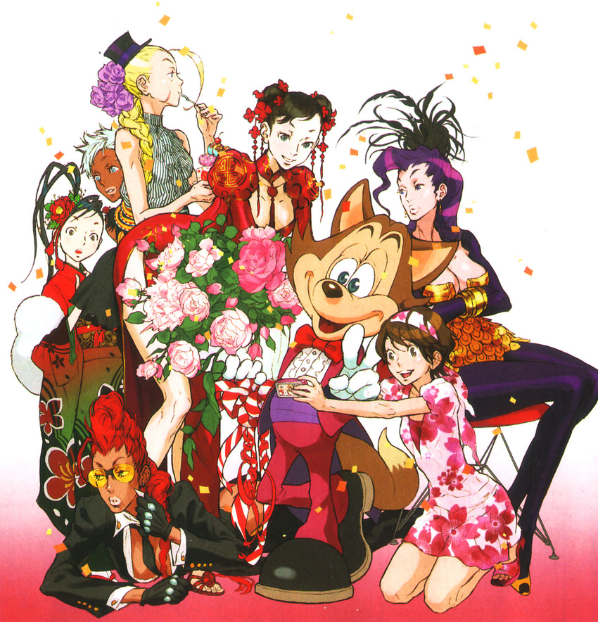 :o age_difference ahoge alternate_costume alternate_hairstyle aqua_eyes back bangs bare_legs bare_shoulders bent_over between_breasts black_hair blonde_hair blue_eyes bouquet bow bowtie braid breasts brown_eyes brown_hair camera cammy_white chair cherry china_dress chinese_clothes chun-li cleavage confetti crimson_viper crossed_arms dark_skin double_bun dress earrings eating elena_(street_fighter) everyone famitsu floral_print flower food formal fox fruit gloves gradient gradient_background grin hair_flower hair_ornament hair_over_shoulder hairband halterneck hat high_heels high_ponytail highres holding ibuki_(street_fighter) ice_cream japanese_clothes jewelry kasugano_sakura kimono kneeling lips lipstick long_hair looking_at_viewer looking_to_the_side lying makeup multiple_girls neck_ring necktie necky nishimura_kinu obi official_art on_stomach open_mouth outstretched_arm pantyhose parted_lips pelvic_curtain pinstripe_pattern ponytail puffy_sleeves purple_eyes purple_hair red_hair rose_(street_fighter) sandals sash scar short_hair short_sleeves side_slit single_braid sitting small_breasts smile spoon street_fighter striped suit sunglasses taking_picture top_hat turtleneck v very_long_hair white_hair
