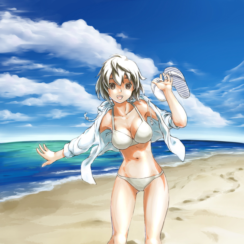 bad_id bad_pixiv_id beach bikini breasts brown_eyes cleavage day highres hood hood_down hoodie large_breasts lowleg open_clothes open_shirt original sandals satou_kou shirt short_hair sleeves_rolled_up solo swimsuit white_hair