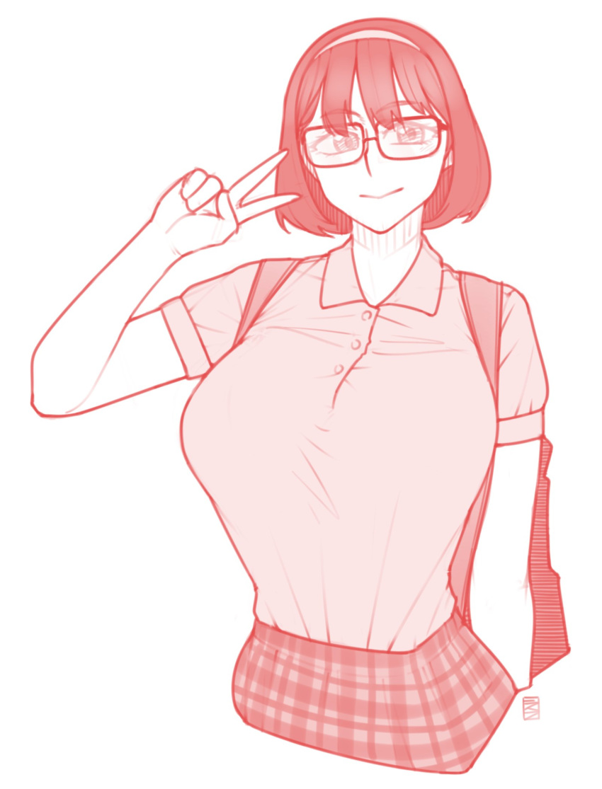 1girl backpack bag bangs breasts collared_shirt cowboy_shot cropped_torso ekz_(drawfag) glasses hairband hand_up highres looking_at_viewer monochrome original plaid red shirt shirt_tucked_in short_hair short_sleeves simple_background sketch smile solo upper_body v white_background