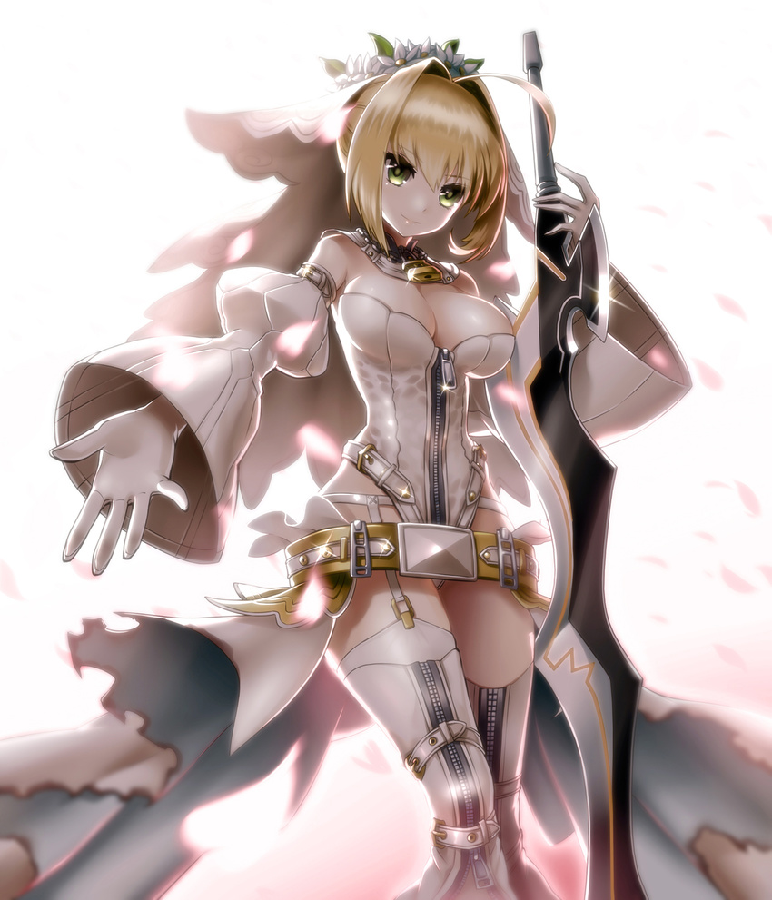 ahoge belt blonde_hair blush boots breasts bridal_veil center_opening chain cleavage detached_sleeves fate/extra fate/extra_ccc fate/grand_order fate_(series) garter_straps gloves green_eyes highres holding holding_sword holding_weapon kurobuchi_numama large_breasts leotard lock long_hair looking_at_viewer nero_claudius_(bride)_(fate) nero_claudius_(fate)_(all) outstretched_hand padlock revision smile solo sword thigh_boots thighhighs veil weapon white_gloves white_legwear white_sleeves zipper