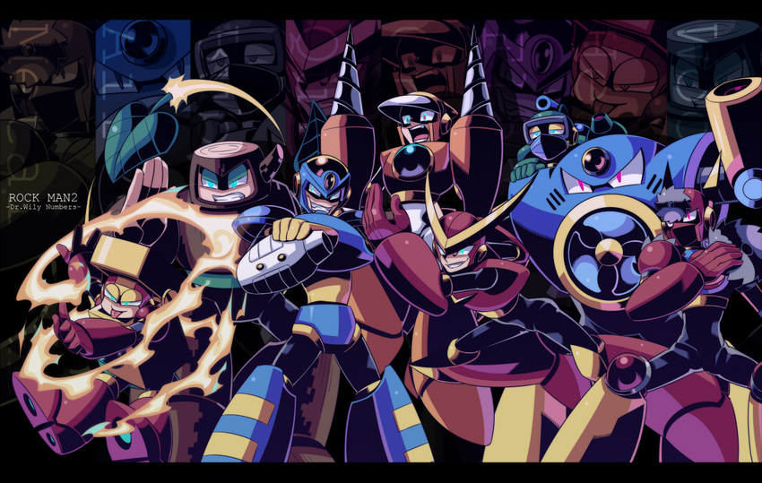 airman arm_cannon bad_id bad_pixiv_id bubbleman crashman diving_mask drill fan fang fire flashman glowing glowing_eyes grin heatman leaf letterboxed metalman multiple_boys no_mouth quickman rockman rockman_(classic) rockman_2 saw shaded_face smile tongue tongue_out tsubasuke weapon woodman