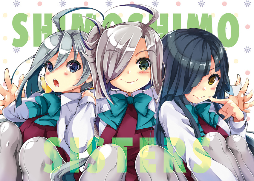 asashimo_(kantai_collection) black_hair brown_eyes girl_sandwich gouda_nagi green_eyes grey_eyes hair_over_one_eye hayashimo_(kantai_collection) kantai_collection kiyoshimo_(kantai_collection) long_hair looking_at_viewer multiple_girls open_mouth ponytail sandwiched school_uniform silver_hair smile teeth