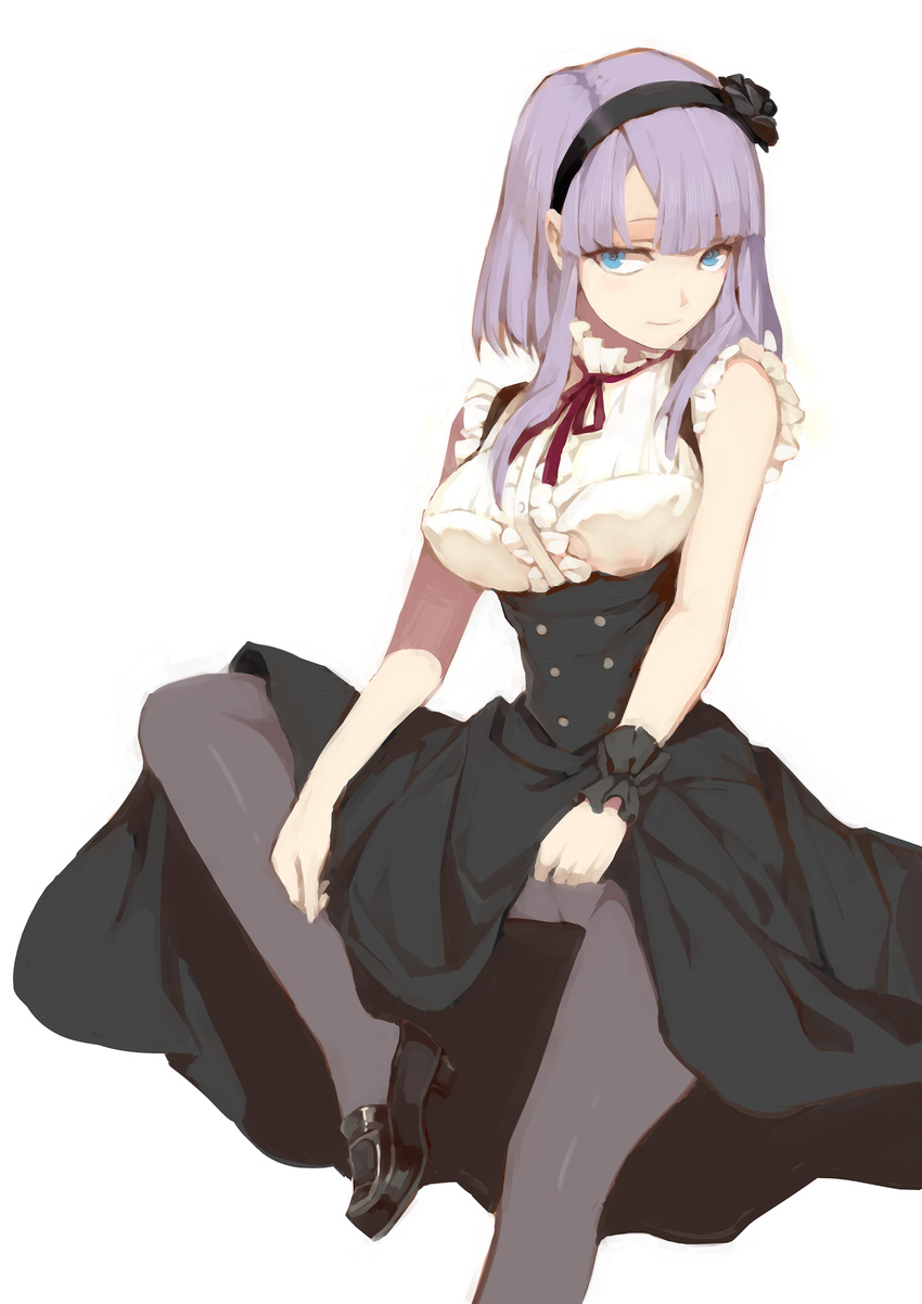 blue_eyes breasts crotch_seam dagashi_kashi dress hair_ribbon highres large_breasts light_smile loafers looking_at_viewer pantyhose purple_dress ribbon shidare_hotaru shoes simple_background sleeveless sleeveless_dress solo white_background zjsstc