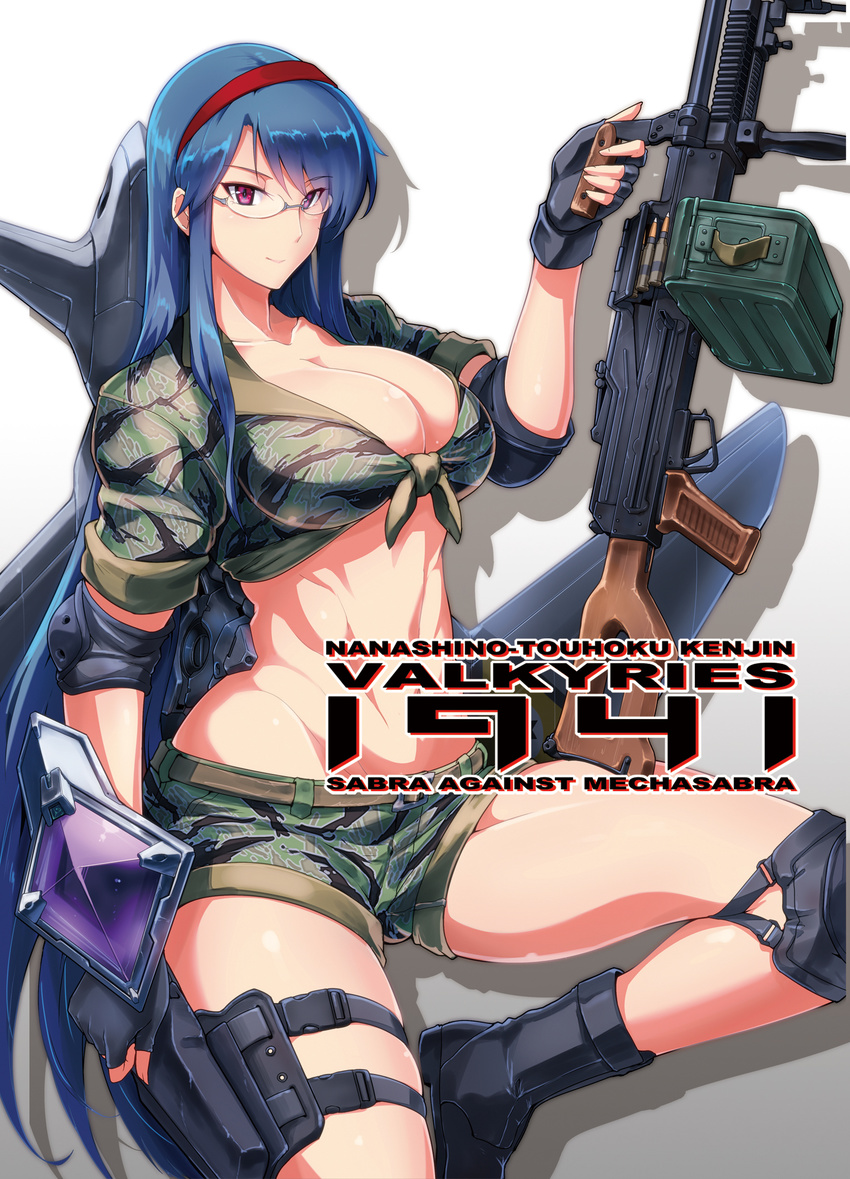 abs ammunition belt black_footwear black_gloves blue_hair boots breasts camouflage camouflage_shorts cleavage cover cover_page elbow_pads eyebrows eyebrows_visible_through_hair fingerless_gloves front-tie_top gakuen_taisen_valkyries glasses gloves gradient gradient_background gun hairband harukon_(halcon) headband highres holster knee_pads large_breasts lavender_eyes long_hair looking_at_viewer machine_gun mecha_musume midriff military navel pkm purple_eyes rimless_eyewear sabra_greengold shirt short_shorts shorts skindentation sleeves_rolled_up smile solo text_focus thigh_holster tied_shirt tigerstripe_(camo) vertical_foregrip very_long_hair weapon