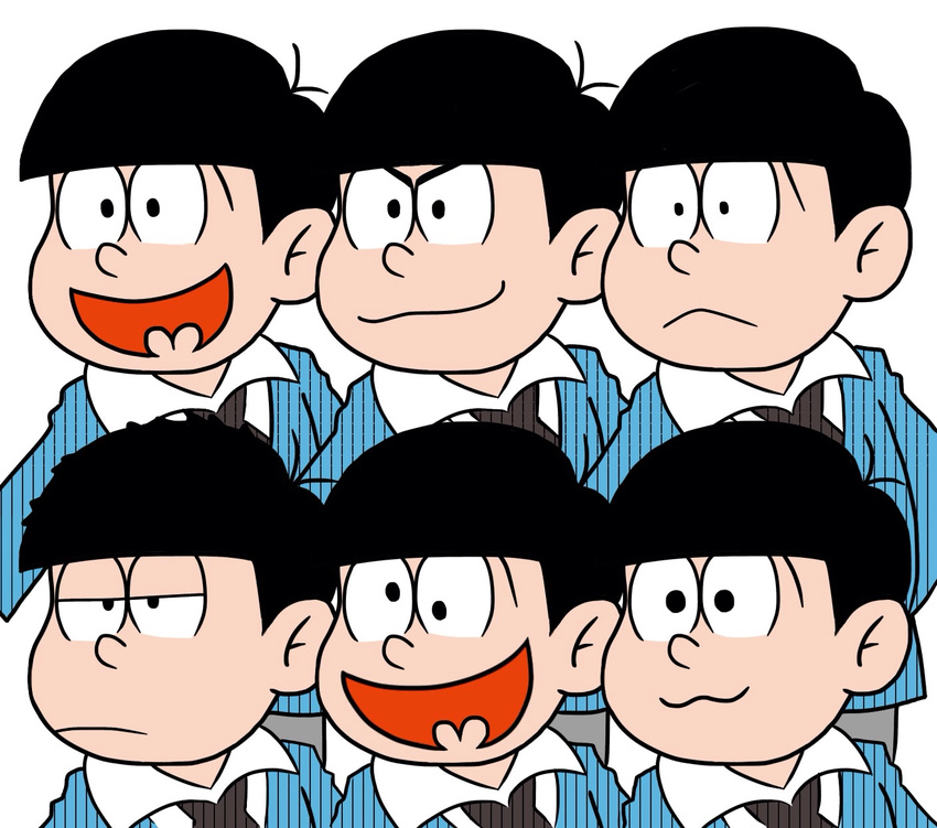 :&lt; :3 akatsuka_fujio_(style) black_hair brothers cross_eyed formal heart heart_in_mouth highres jitome male_focus matsuno_choromatsu matsuno_ichimatsu matsuno_juushimatsu matsuno_karamatsu matsuno_osomatsu matsuno_todomatsu messy_hair multiple_boys necktie osomatsu-kun osomatsu-san parody sextuplets siblings simple_background soramame_(08050625158) style_parody suit upper_body white_background