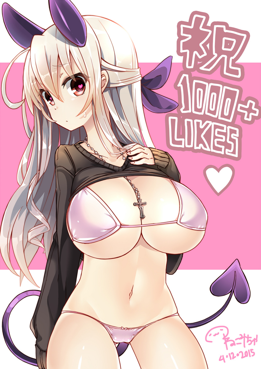 absurdres artist_name blush bra breasts cleavage clothes_lift commentary_request cross cross_necklace dated demon_girl demon_horns demon_tail hair_ribbon heart heart-shaped_pupils highres horns jewelry large_breasts long_hair navel necklace nekomicha original panties red_eyes ribbed_sweater ribbon silver_hair solo sweat sweater sweater_lift symbol-shaped_pupils tail underwear white_bra white_panties