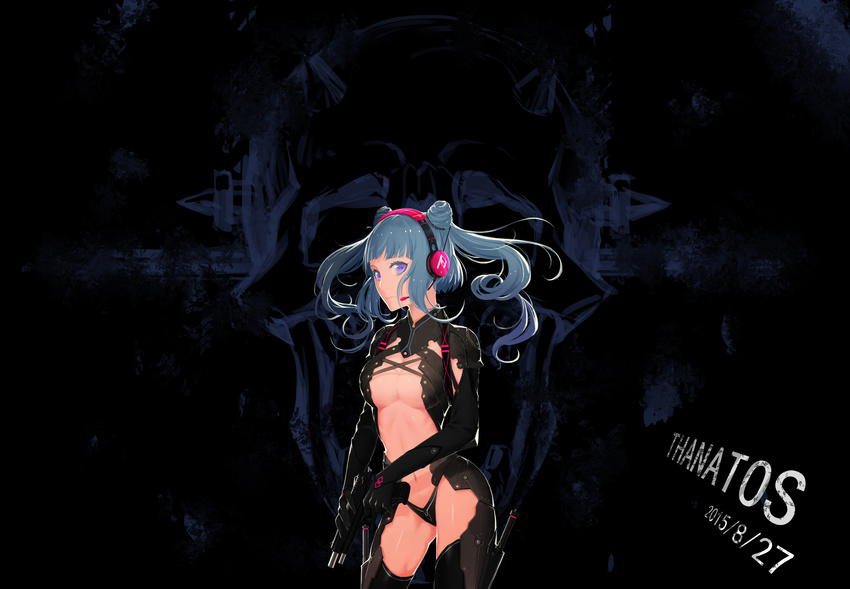 absurdres aqua_hair bad_id bad_pixiv_id black_gloves black_legwear breasts center_opening cleavage dated double_bun elbow_gloves gloves gun handgun headphones headset highres locked_slide long_hair medium_breasts original pistol purple_eyes q9q revealing_clothes solo thighhighs two_side_up weapon