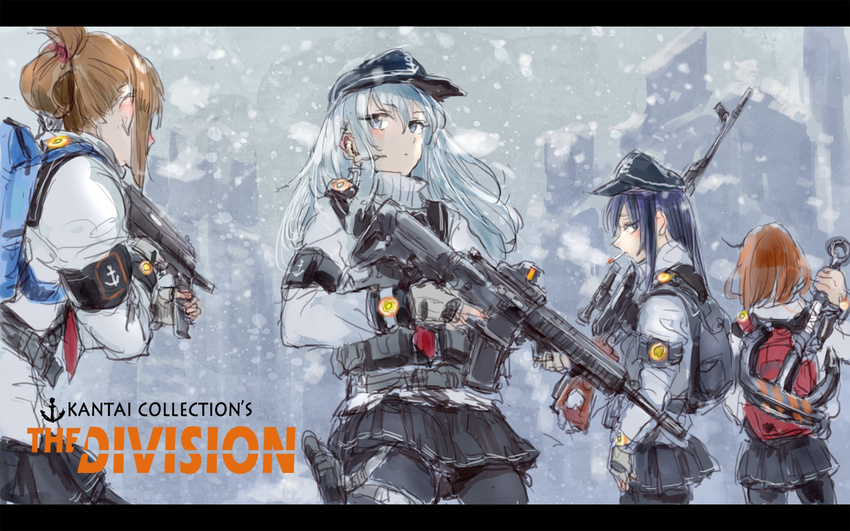 akatsuki_(kantai_collection) anchor assault_rifle backpack bag black_hair black_legwear blue_eyes blue_hair brown_hair cigarette crossover dragunov_svd folded_ponytail gun h&amp;k_mp7 hat heckler_&amp;_koch hibiki_(kantai_collection) highres hk416 holding holding_gun holding_weapon ikazuchi_(kantai_collection) inazuma_(kantai_collection) kantai_collection long_hair microphone multiple_girls osakana_(denpa_yun'yun) pantyhose pleated_skirt rifle scarf school_uniform serafuku skirt smoking sniper_rifle snowing submachine_gun sweater tom_clancy's_the_division weapon