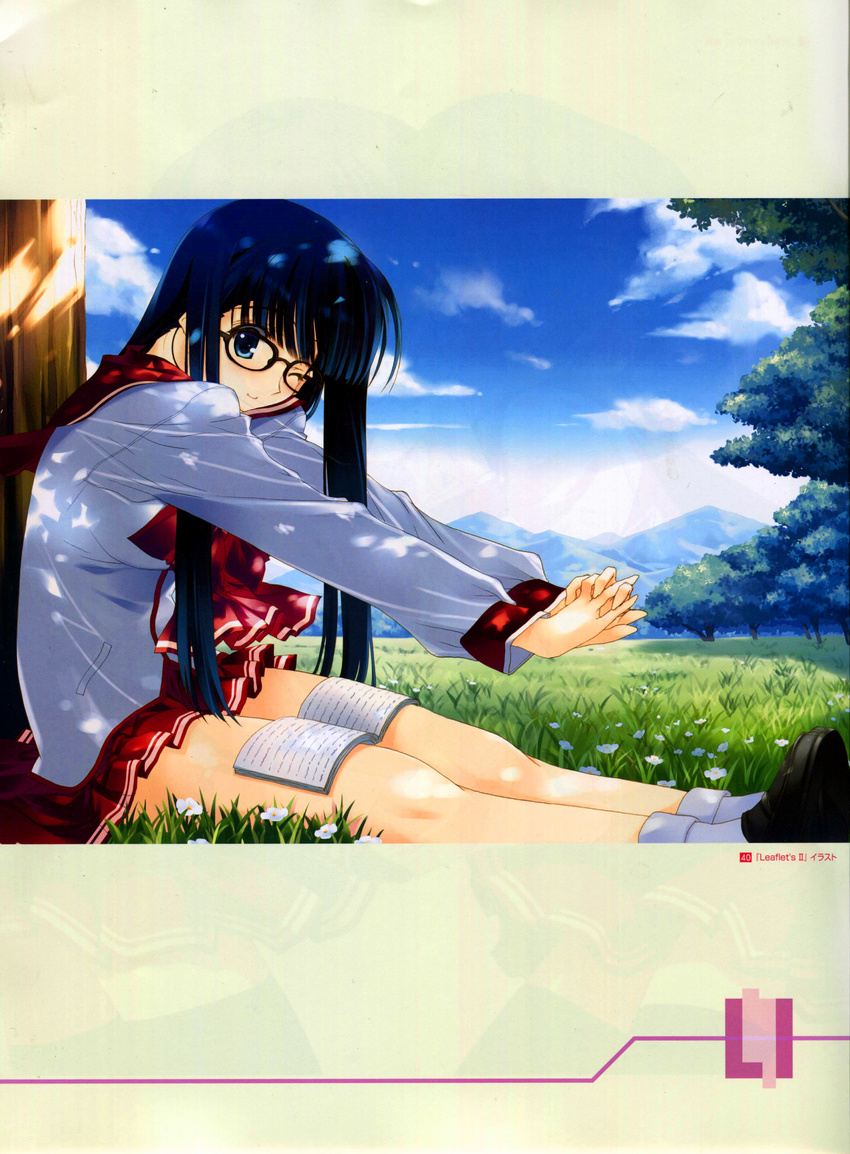 absurdres bespectacled blue_eyes blue_hair blue_sky blush book cloud day field flower flower_field glasses highres kusakabe_yuuki_(to_heart_2) looking_at_viewer nakamura_takeshi non-web_source one_eye_closed pleated_skirt ribbon school_uniform shoes sitting skirt sky smile socks solo stretch to_heart_2 tree