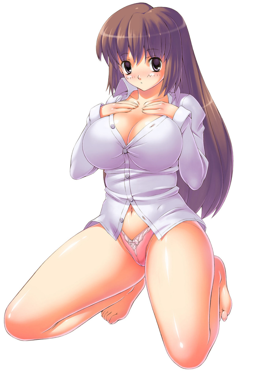 bare_legs barefoot blush breasts brown_eyes brown_hair cleavage full_body hands_on_own_chest highres kneeling large_breasts lingerie long_hair looking_at_viewer original panties simple_background solo uchiu_kazuma underwear white_background