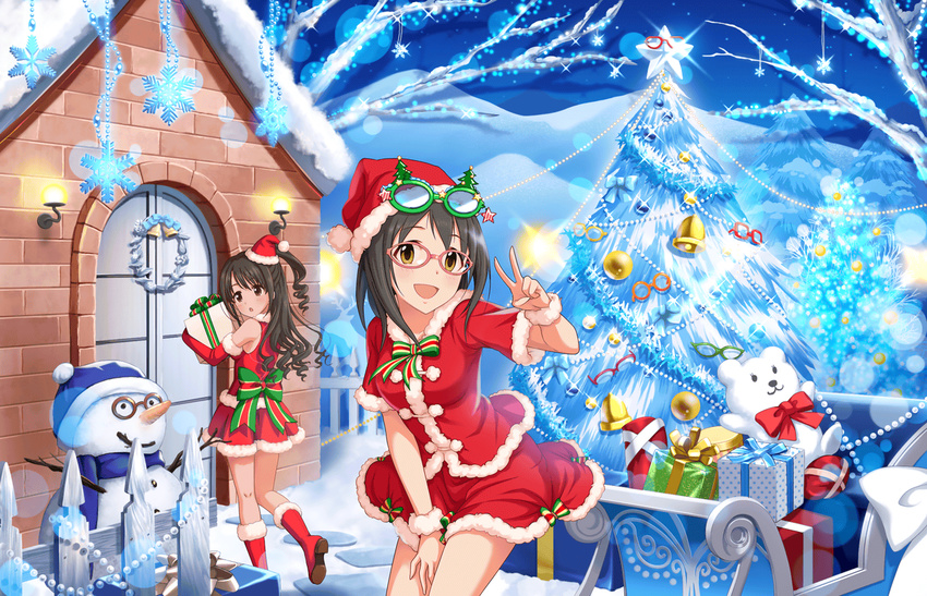 :d artist_request blush boots brown_eyes christmas christmas_ornaments christmas_tree elbow_gloves eyebrows eyebrows_visible_through_hair gift glasses gloves green-framed_eyewear hat idolmaster idolmaster_cinderella_girls idolmaster_cinderella_girls_starlight_stage kamijou_haruna long_hair looking_at_viewer multiple_girls official_art open_mouth orange-framed_eyewear pink-framed_eyewear red-framed_eyewear red_gloves santa_boots santa_costume santa_gloves santa_hat shimamura_uzuki short_sleeves sleeveless sleigh smile snowflakes snowman stuffed_animal stuffed_toy v yellow-framed_eyewear