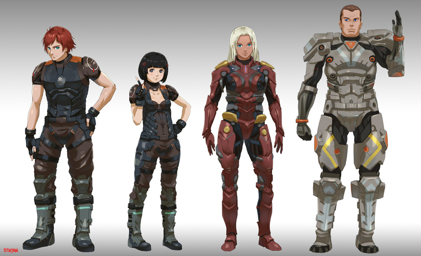 2girls armor artist_name bangs black_hair blue_eyes blunt_bangs bodysuit boots breasts brown_hair character_request cleavage doug_(xenoblade_x) elma_(xenoblade_x) fingerless_gloves gloves gradient gradient_background height_difference long_hair looking_at_viewer lynlee_kuu medium_breasts multiple_boys multiple_girls red_hair shirt short_hair short_sleeves simple_background smile standing stup-jam t-shirt very_short_hair waving xenoblade_(series) xenoblade_chronicles_x