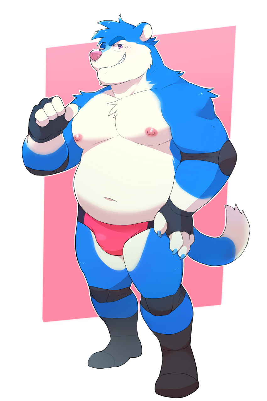 2018 4_fingers anthro blue_fur clothing front_view fur grin hi_res looking_at_viewer male mammal navel nipples o-ro purple_eyes slightly_chubby smile solo standing underwear vasuki_(character) white_fur