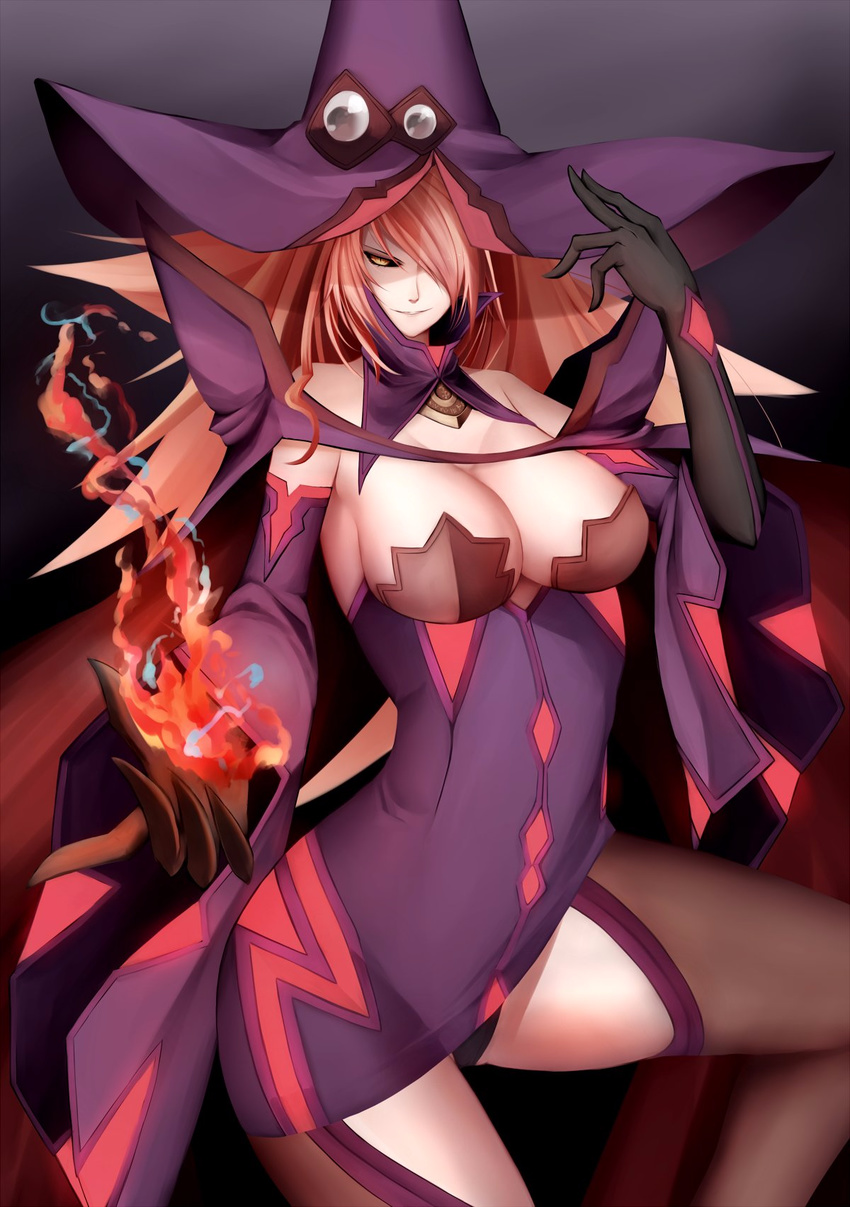 &gt;:) bare_shoulders black_gloves black_legwear black_panties black_sclera blazblue blonde_hair breasts cape cleavage detached_sleeves dress elbow_pads fire gloves hair_over_one_eye hat high_collar highres inaba_sunimi konoe_a_mercury large_breasts long_sleeves looking_at_viewer panties pantyshot pantyshot_(standing) phantom_(blazblue) purple_dress short_dress smile solo standing thighhighs underwear v-shaped_eyebrows wide_sleeves witch_hat yellow_eyes