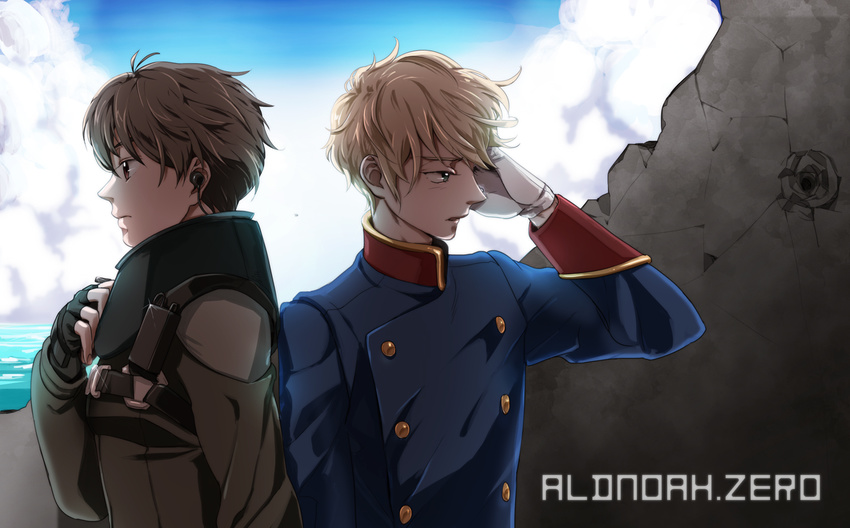 aldnoah.zero blonde_hair blue_eyes blue_sky brown_eyes brown_hair copyright_name cracked_wall day earphones fingerless_gloves gloves kaizuka_inaho male_focus multiple_boys ocean shiny sky slaine_troyard t_growing uniform white_gloves