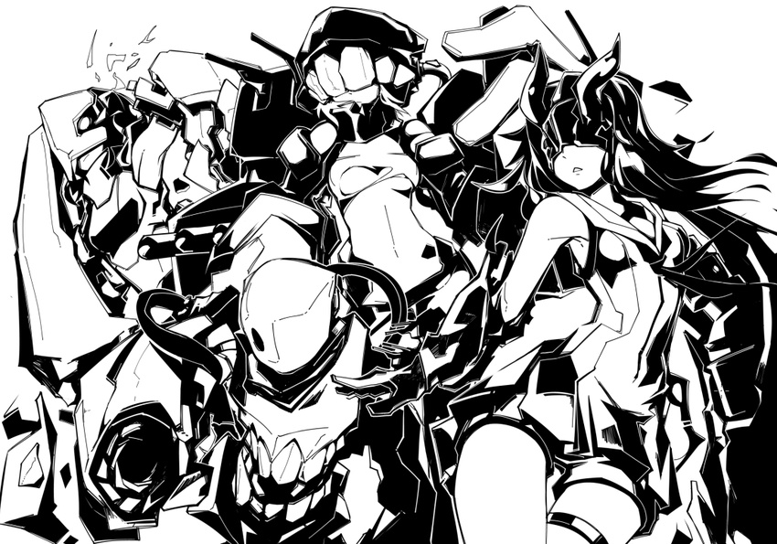 chi-class_torpedo_cruiser commentary covered_eyes deel_(rkeg) face_mask gloves greyscale he-class_light_cruiser helmet horns kantai_collection light_cruiser_hime mask mechanical_arm monochrome multiple_girls shinkaisei-kan shorts_under_dress sleeveless thigh_strap torn_clothes tsu-class_light_cruiser wavy_hair