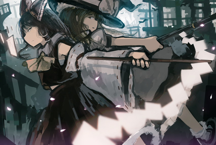 armband ascot back-to-back bird black_footwear black_hair black_skirt blonde_hair blurry bow broom brown_eyes depth_of_field detached_sleeves foreshortening glowing gohei hair_bow hair_tubes hakurei_reimu hat hat_bow highres holding holding_broom kirisame_marisa long_hair long_skirt looking_afar looking_at_another mary_janes mifuru multiple_girls multiple_torii outstretched_arms petals puffy_short_sleeves puffy_sleeves red_eyes red_shirt red_skirt ribbon-trimmed_sleeves ribbon_trim sarashi serious shirt shoes short_sleeves skirt socks talisman touhou turtleneck white_legwear white_shirt wind witch_hat