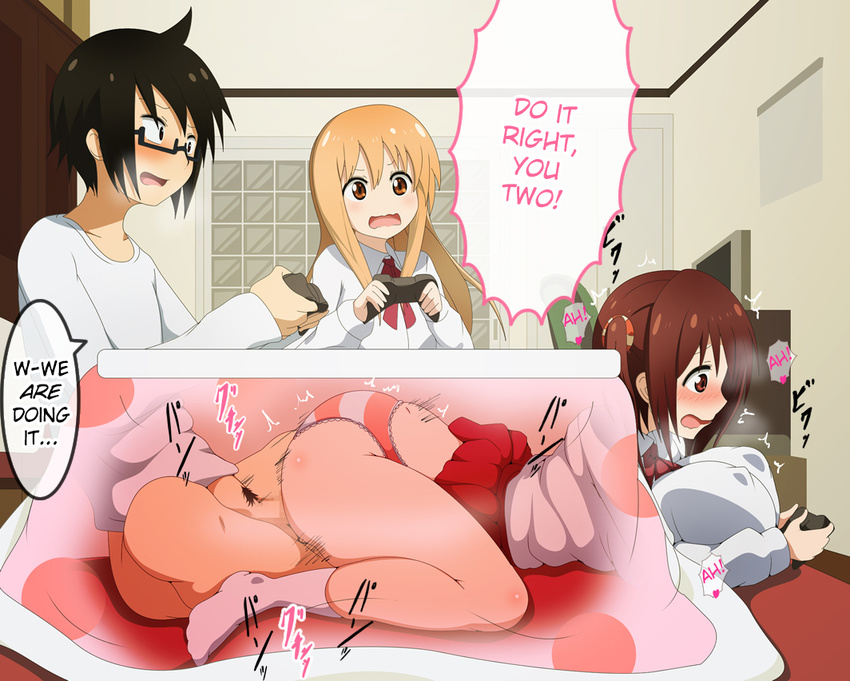 2girls black_hair blonde_hair blush bottomless breasts brother_and_sister brown_eyes brown_hair butterfly_sitting clothed_sex controller doma_taihei doma_umaru ebina_nana erect_nipples glasses hard_translated hetero himouto!_umaru-chan kotatsu large_breasts long_hair lying morokoshitaroh motion_lines multiple_girls on_stomach open_mouth panties penis pillow playing_games profile pun school_uniform semi-rimless_glasses sex short_hair siblings skirt skirt_lift stealth_sex striped striped_panties table translated twintails under-rim_glasses under_kotatsu under_table underwear vaginal wavy_mouth