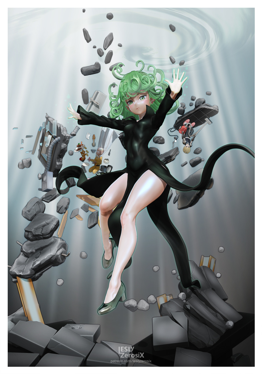 2boys 3d absurdres air_conditioner artist_name bad_id bad_pixiv_id bald black_dress black_footwear black_sclera blonde_hair bowl broken_glass cleaning commentary_request curly_hair cyborg dress electric_socket floating food full_body genos girder glass glowing glowing_hand green_eyes green_hair high_heels highres leslyzerosix levitation long_sleeves looking_at_viewer miso_soup multiple_boys nattou no_socks one-punch_man open_hands outstretched_arms rebar rice rice_bowl rice_cooker rice_spoon rubble saitama_(one-punch_man) seiza short_hair sitting skin_tight slippers solo_focus sparkle tatsumaki telekinesis thighs vacuum_cleaner watermark window