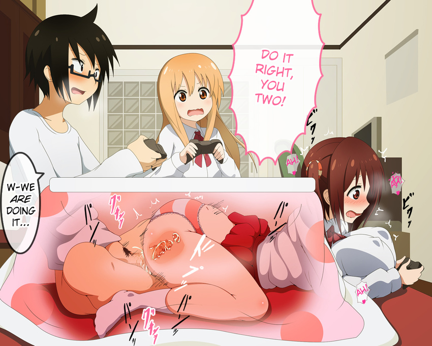 2girls black_hair blonde_hair blush bottomless breast_rest breasts brother_and_sister brown_eyes brown_hair butterfly_sitting clothed_sex controller cross_section cum cum_in_pussy doma_taihei doma_umaru ebina_nana ejaculation erect_nipples full_body game_controller gamepad glasses hard_translated hetero himouto!_umaru-chan holding indoors internal_cumshot kotatsu large_breasts light_brown_hair long_hair lying morokoshitaroh motion_lines multiple_girls no_shoes on_stomach open_mouth panties penis pillow playing_games polka_dot profile pubic_hair pun saliva school_uniform semi-rimless_glasses sex short_hair siblings sitting skirt skirt_around_belly skirt_lift socks stealth_sex striped striped_panties table translated twintails under-rim_glasses under_kotatsu under_table underwear uniform vaginal wavy_mouth white_legwear x-ray