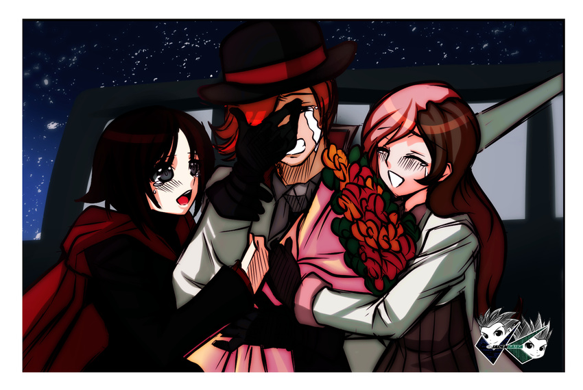 1boy 2girls bouquet crying flower girl_sandwich hug jadenkaiba multicolored_hair multiple_girls neo_(rwby) night orange_hair roman_torchwick ruby_rose rwby sandwiched smile tears