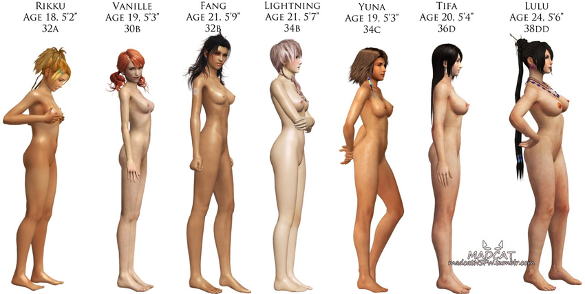 3d 6+girls ass black_hair blonde_hair breast_envy breasts brown_hair bust_chart feet final_fantasy final_fantasy_vii final_fantasy_x final_fantasy_xiii green_eyes large_breasts legs lightning_farron lineup long_hair lulu lulu_(final_fantasy) multiple_girls navel nipples nude oerba_dia_vanille oerba_yun_fang orange_hair pink_hair rikku simple_background small_breasts square_enix tall tifa_lockhart white_background yuna yuna_(ff10)