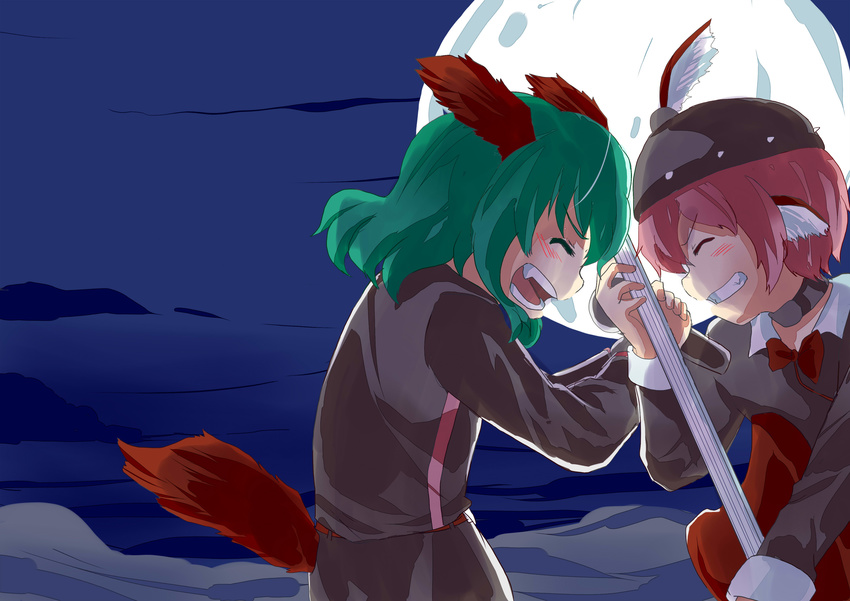 absurdres animal_ears choker choujuu_gigaku closed_eyes commentary dog_ears dog_tail electric_guitar fang green_hair grin guitar hat head_wings highres instrument kapiten70 kasodani_kyouko microphone multiple_girls mystia_lorelei open_mouth pink_hair short_hair smile tail touhou