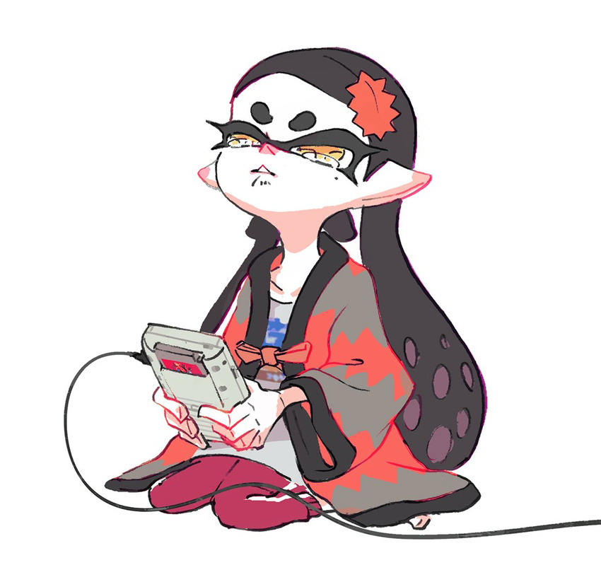 1girl aori_(splatoon) black_hair commentary_request game_boy hair_down handheld_game_console hanten_(clothes) inoue_seita link_cable official_art pants playing_games pointy_ears pokemon simple_background sitting solo splatoon_(series) splatoon_1 tearing_up tentacle_hair track_pants wariza white_background