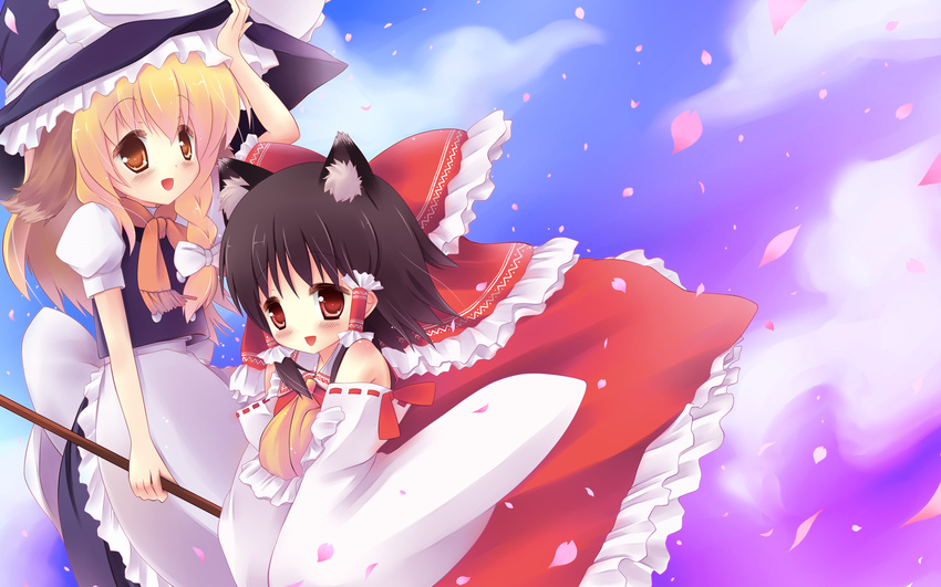 animal_ears blonde_hair broom brown_hair cat_ears detached_sleeves dog_ears hakurei_reimu harunotsukushi hat highres kemonomimi_mode kirisame_marisa multiple_girls red_eyes touhou wallpaper witch_hat yellow_eyes