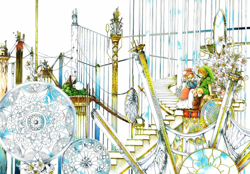 1girl abstract bird blonde_hair broccoli_(arupuru) broken_mirror child fairy flower hat link mirror navi pillar pointy_ears princess_zelda rock smile stairs sword the_legend_of_zelda the_legend_of_zelda:_ocarina_of_time weapon white_background young_link