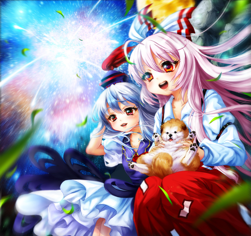 aerial_fireworks alternate_hair_color animal animal_hug bad_id bad_pixiv_id blue_hair bow dog fireworks fujiwara_no_mokou hair_bow hand_in_hair hat highres inuboe kamishirasawa_keine long_hair motion_blur multiple_girls pants pink_hair red_eyes silver_hair suspenders touhou