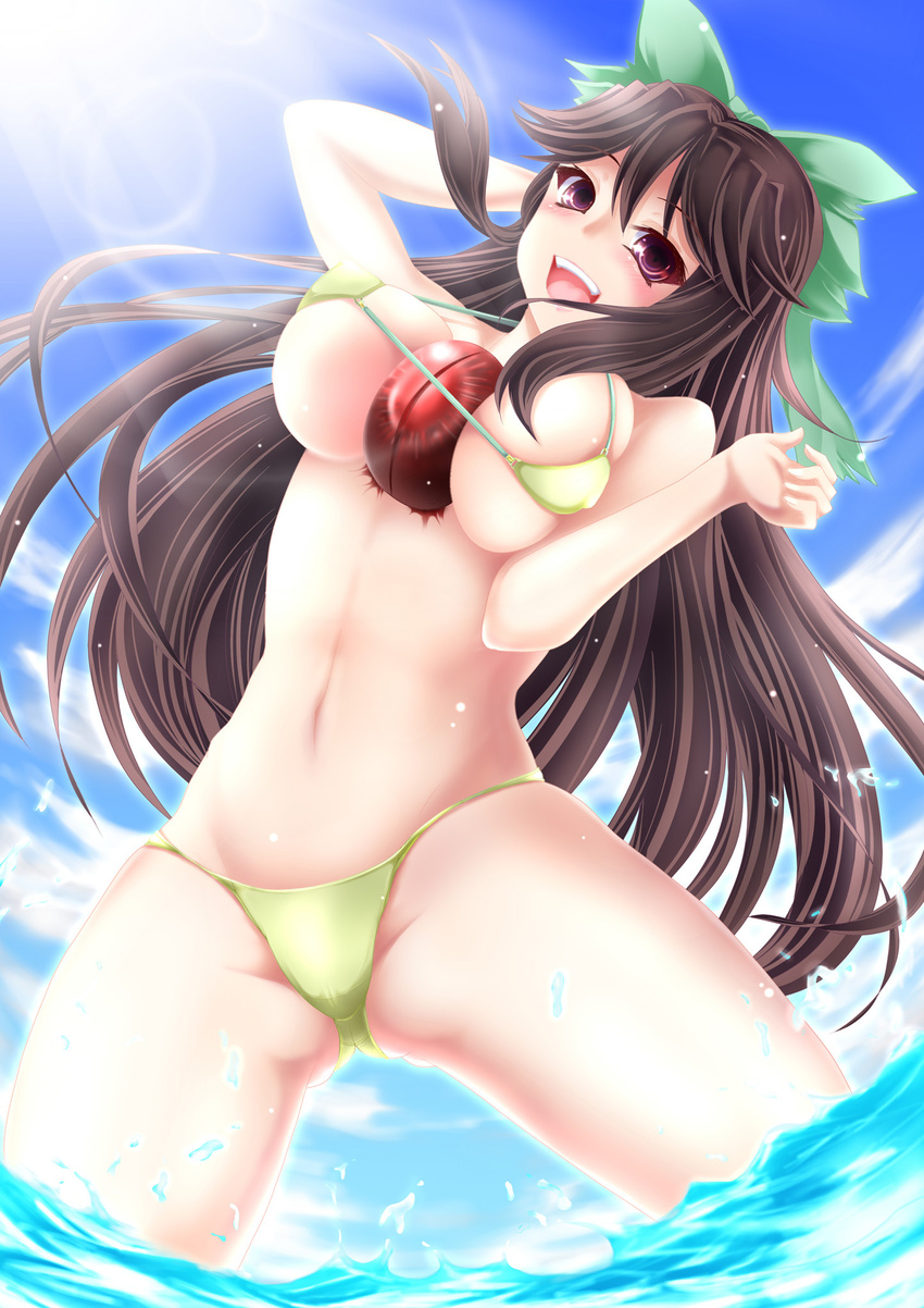 between_breasts bikini bow breasts brown_hair eyes green_bow hair_bow highres large_breasts long_hair negamaro red_eyes reiuji_utsuho solo swimsuit thighs touhou