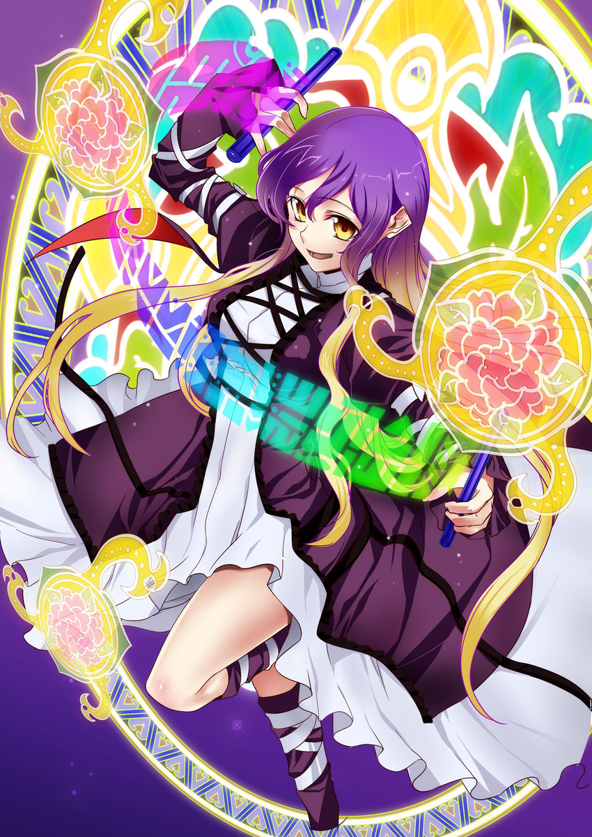 bandages bangs blonde_hair breasts colorful cross-laced_clothes dress eyebrows_visible_through_hair floating_hair floral_print gradient_hair hair_between_eyes highres hijiri_byakuren holding kantaka kneehighs large_breasts long_hair looking_at_viewer magic_circle multicolored_hair open_mouth purple_hair purple_legwear shiny shiny_hair shiny_skin smile solo sorcerer's_sutra_scroll standing standing_on_one_leg touhou very_long_hair yellow_eyes