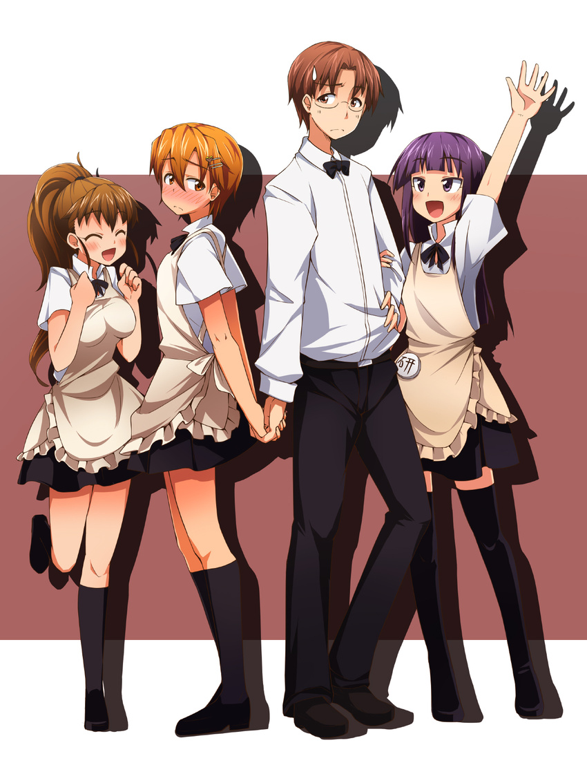 3girls arm_holding blush bon_(moegomi) hand_up height_difference highres holding_hands inami_mahiru legs multiple_girls outstretched_arm outstretched_hand sweatdrop takanashi_souta taneshima_popura thighhighs waitress working!! yamada_aoi